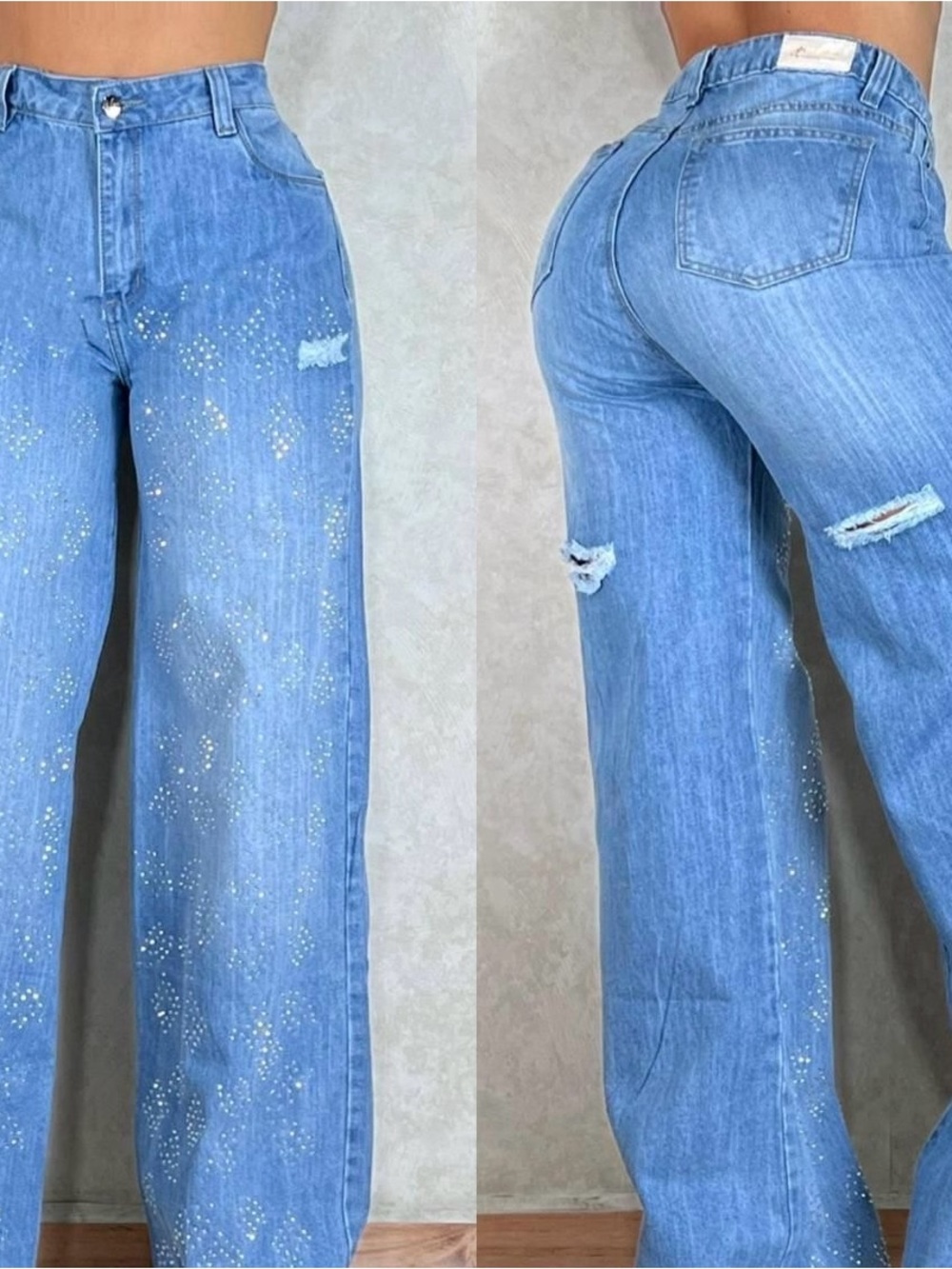 Light Blue Rhinestone Wide-Leg Jeans - Women